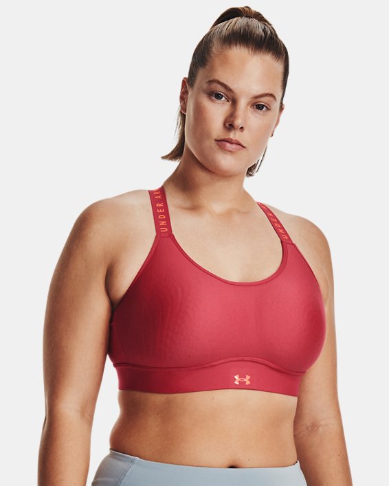 Women's UA Infinity Mid Covered Sports Bra, Red, pdpMainDesktop image number 4